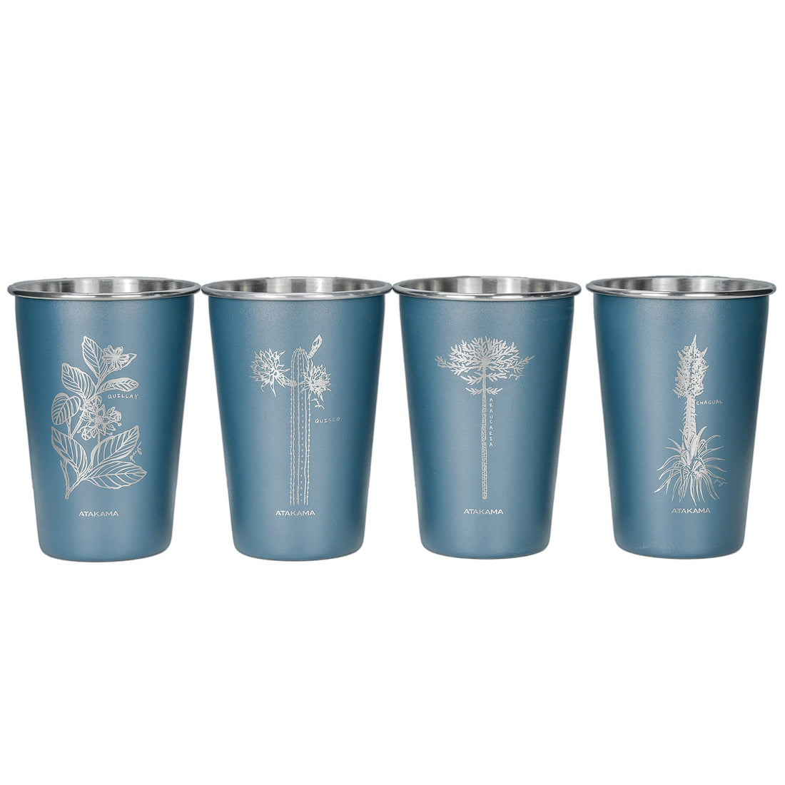 Set de cuatro vasos flora chilenas azul Aluminio 480 mililitros Atakama Outdoor Quillay Quisco Araucaria Chagual