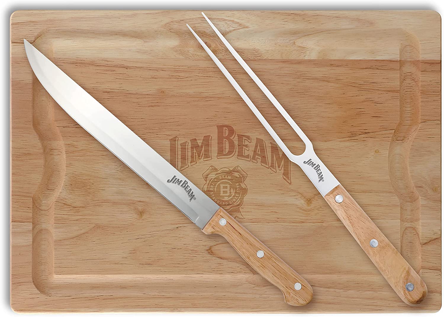 set tabla madera con cuchillo y tenedor parrillero